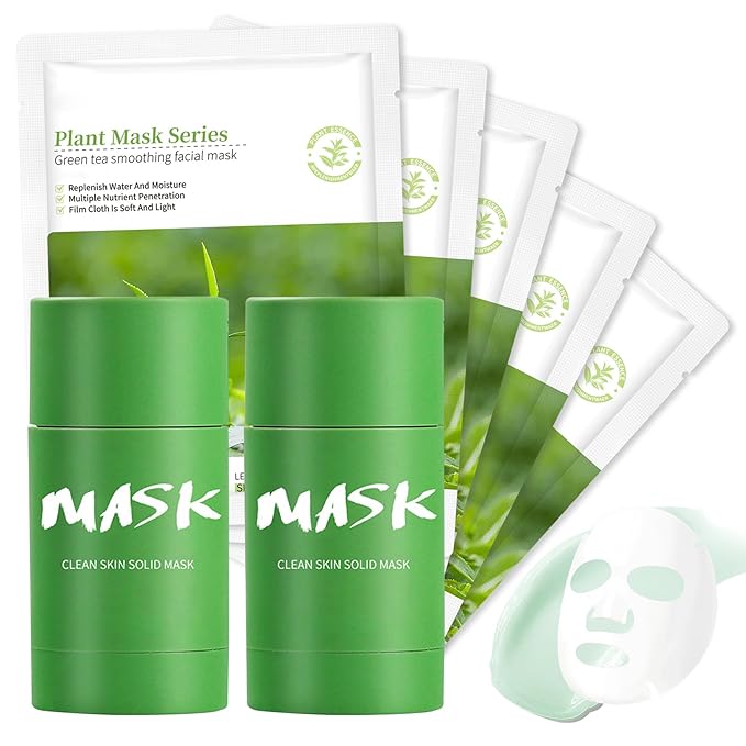 5PCS Green Tea Face Sheet Masks Set, 2PCS Oil Control Long Lasting Moisturizing Blackhead Remover Facial Mask Clay Stick, Deep Pore Cleansing Face Mask Skin Care for All Skin Types(7PCS)