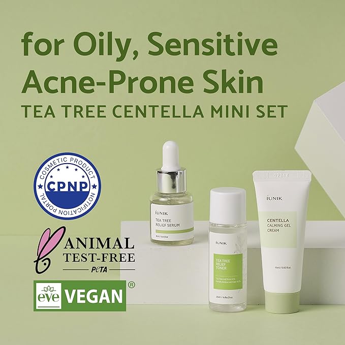 iUNIK Centella Mini Set, Travel Friendly Skincare Set, Ultra Calming and Hydrating for Sensitive Skin: Tea Tree Relief Toner,Serum, Centella Calming Gel with TTR Toner