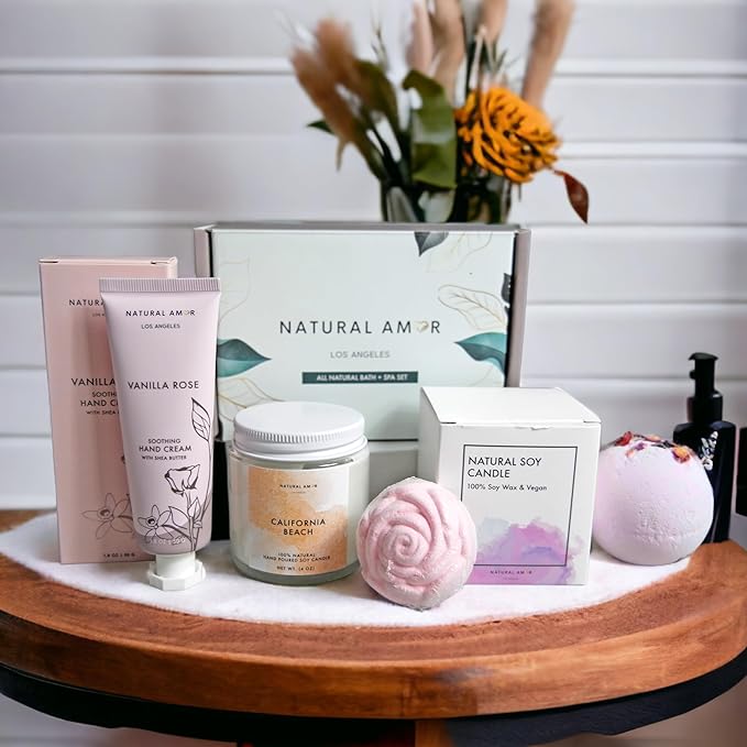 Natural Amor Relaxation Spa Gifts for Women,4pcs Gift Box Including Candle, Hand cream, Bath Bomb
