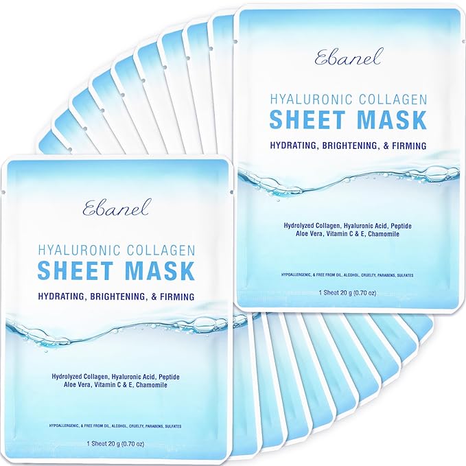 Ebanel 20 Pack Collagen Peptide Hydrating Face Masks, Instant Brightening Firming Anti Aging Face Sheet Masks, Moisturizing Spa Facial Mask Skincare with Hyaluronic Acid, Vitamin C, Chamomile, Aloe