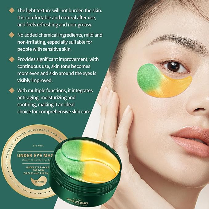 Under Eye Masks,Golden Cucumber Eye Mask 60 Tablets Set,Eye Mask for Fine Lines, Wrinkles, Dark Circles and Eye Puffiness,Suitable for Both Men and Women,5.64 OZ