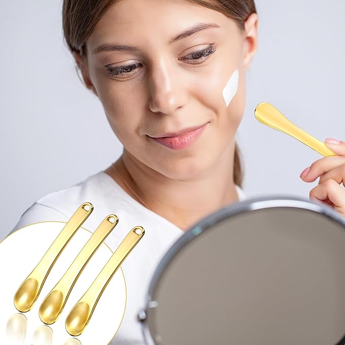 3 Pcs Mini Metal Makeup Spatula Tool, Skincare Spatula, Skin Care Cosmetic Spoon, Metal Cosmetic Spatulas Makeup Applicator Small Scoops Facial Applicator Tool, Reusable Applicator(Gold)