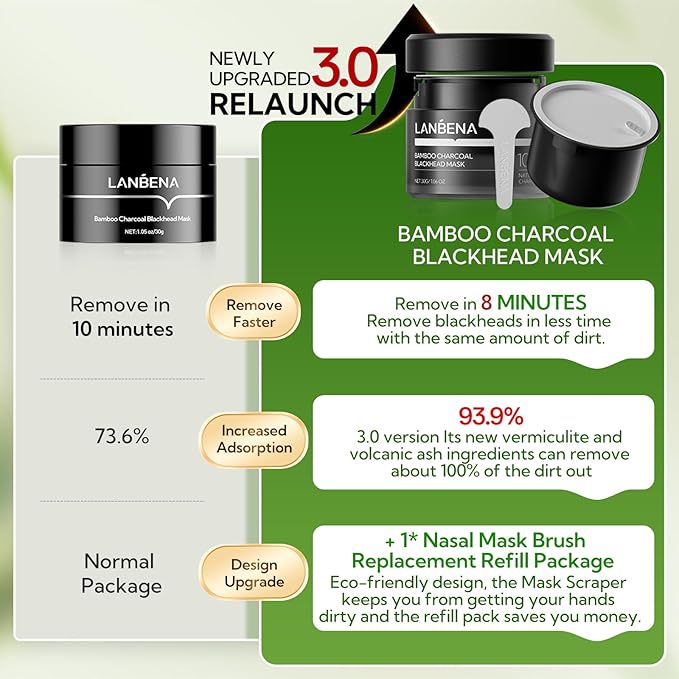 LANBENA 3.0 Bamboo Charcoal Nose Pore Strips, UPGRADED Blackhead Remover Mask for Stubborn Blackheads, Dirts, Whiteheads, Oil and More, Face Pore Purifying Cleansing, Aloe Vera, Volcanic Ash