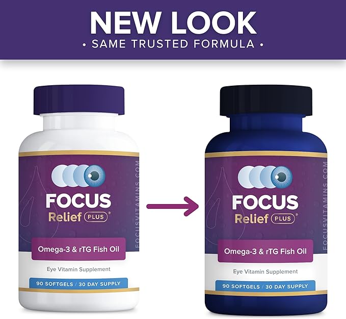 Focus Relief Plus Dry Eye Formula (180 ct. 60 Day Supply) Omega 3 Supplement - Dry Eye Relief Supplement - Omega 3 Fish Oil