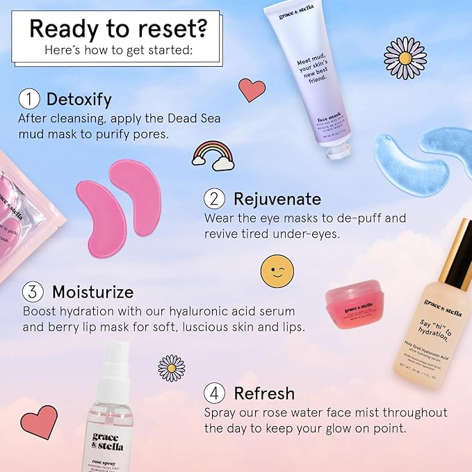 grace & stella Award Winning Mothers Day Gifts Bulk - Gifts for Women - Travel Size Toiletries with Eye Masks, Hyaluronic Acid Serum, Lip Balm & More - Anniversary, Bachelorette Party - Vegan Sef Care