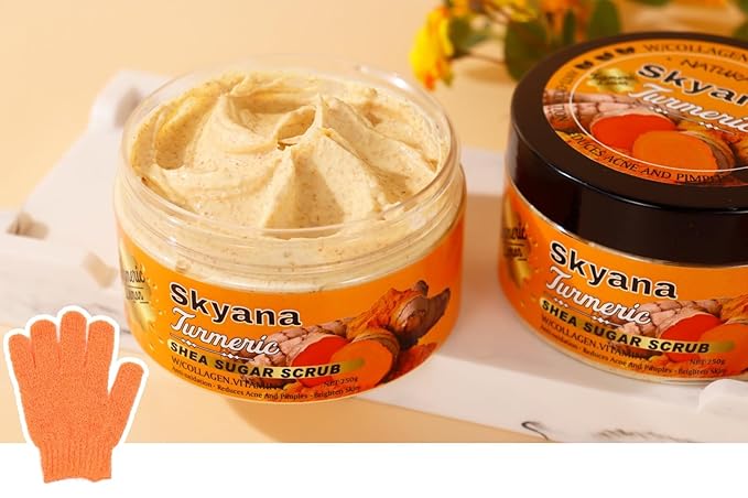 Organic Lemon&turmeric Shea Sugar Scrub with Collagen, Vitamin C, 250g, Brightening Body and face Scrub.Anti-oxidation removal pimples.Exfoliator.