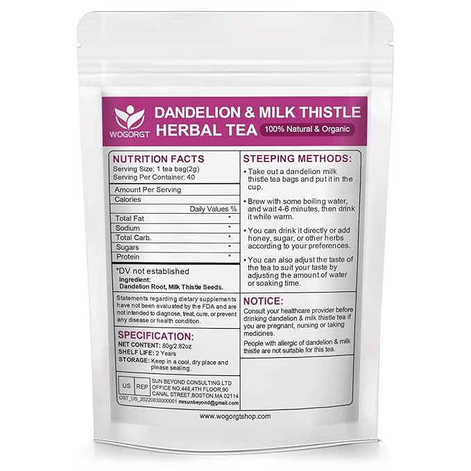 Dandelion Root with Milk Thistle Tea Bags - Natural Dried Dandelion Root and Milk Thistle Herbal Tea bags for Liver Cleanse, Antioxidant and Immune Support, Caffeine Free - 40 Tea Bags