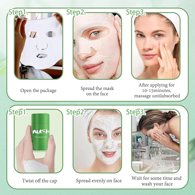 5PCS Green Tea Face Sheet Masks Set, 2PCS Oil Control Long Lasting Moisturizing Blackhead Remover Facial Mask Clay Stick, Deep Pore Cleansing Face Mask Skin Care for All Skin Types(7PCS)