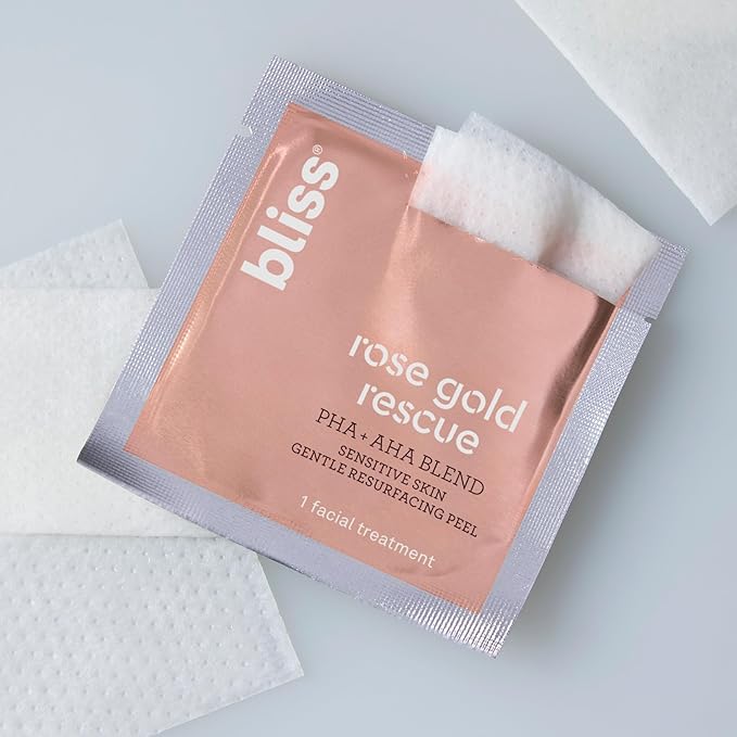 Bliss Rose Gold Rescue Daily Peel - 15 ct | Vegan & Paraben-Free | 8% PHA + AHA Blend for Sensitive Skin | Targets Dull Skin, Wrinkles, Enlarged Pores, Uneven Tone & Texture