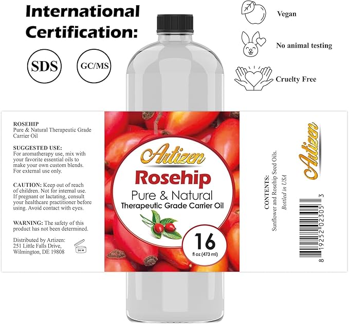 Artizen Pure & Natural 16oz Rosehip Oil for Face, Skin, Body, Hair, Nails & Aromatherapy – Cold Pressed from Fresh Roses & Rose Seeds