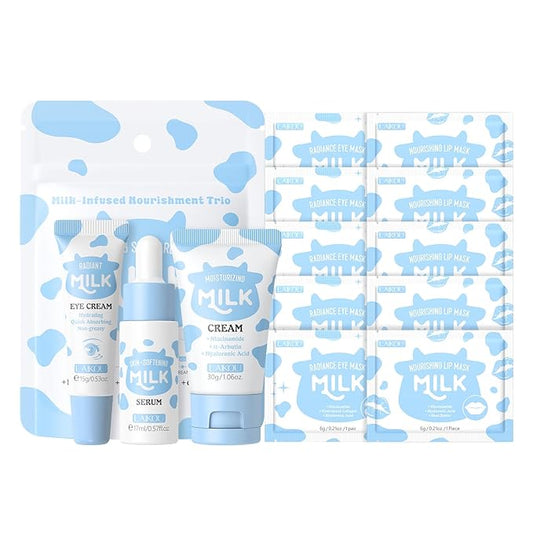 Skin Care Set, Moisturizer Face Cream, Travel Size Toiletries with Milk Eye Mask, Lip Mask, Eye Cream, Serum, Face Cream Mother's Day Christmas Birthday Daughter Wife