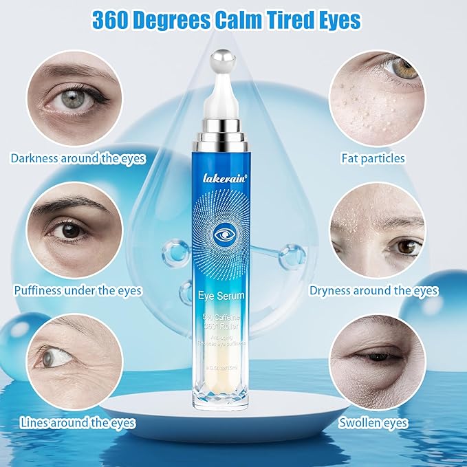 5% Caffeine Eye Serum with 360ยฐ Massage Rollerball Topper,Caffeine Cream for Dark Circles,Wrinkles,Puffiness and Fine Lines,Under Eye Roller Cream Treatment for Women and Men