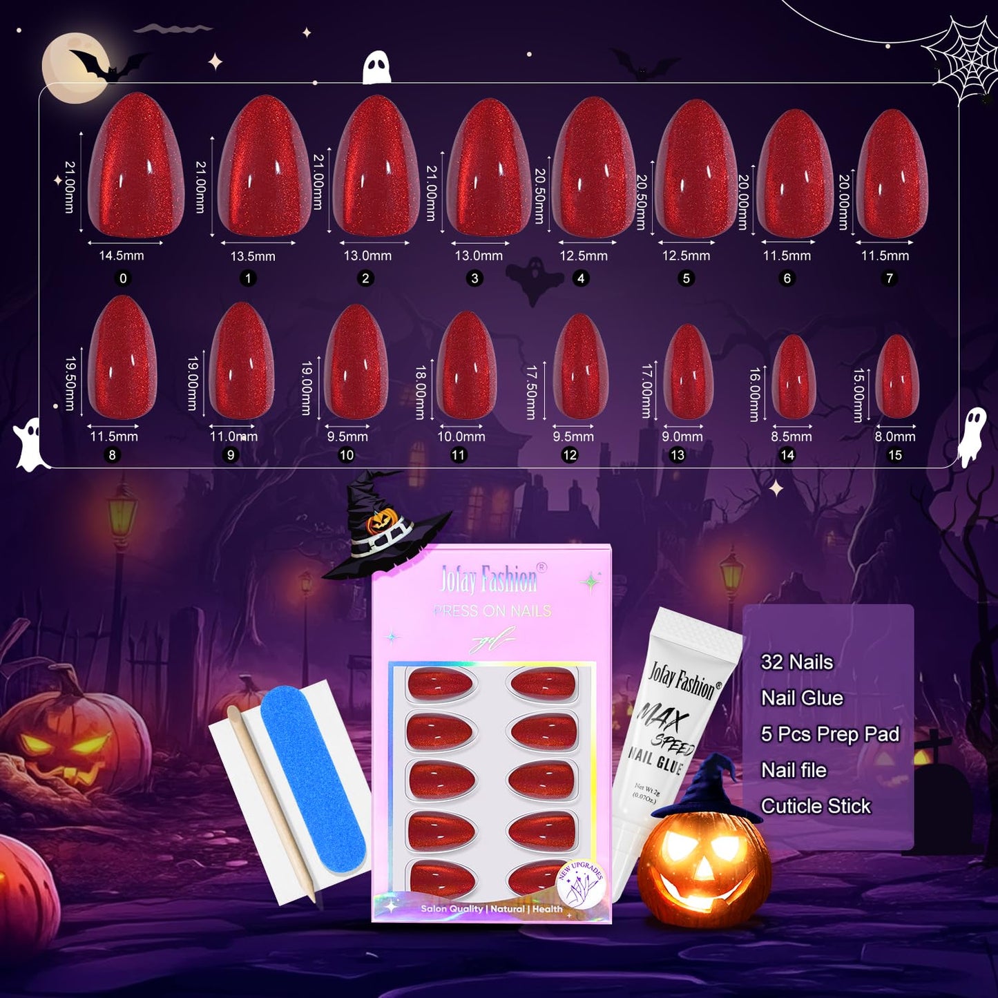 Press On Nails Almond - Bloody Claw, Red Cat Eye Halloween Press On Nails Short, Acrylic Square Glue On Nails with Nail Glue, Fit Perfectly & Natural Stick On Nails in 16 Sizes - 32 PCS Soft Gel Kit