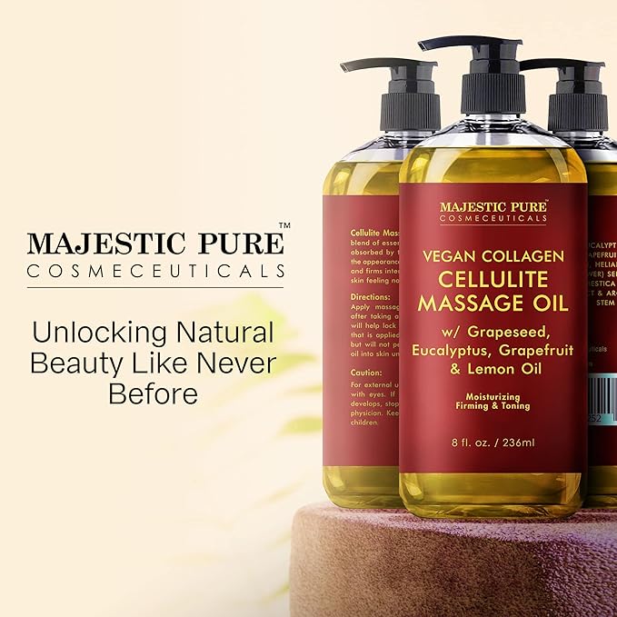 MAJESTIC PURE Anti Cellulite Massage Oil - with Vegan Collagen & Stem Cells, Cellulite Cream for Skin Tightening and Cellulite Remover in Thighs and Butt - 8 fl oz