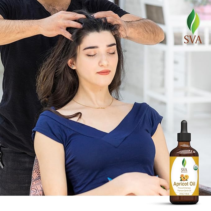 SVA Apricot Seed Oil Organic - 4 Fl Oz – 100% Natural Cold Pressed Organic Apricot Oil - for Face, Skin Care, Hair Care, Scalp Massage & Body Massage – Carrier Oil with Dropper