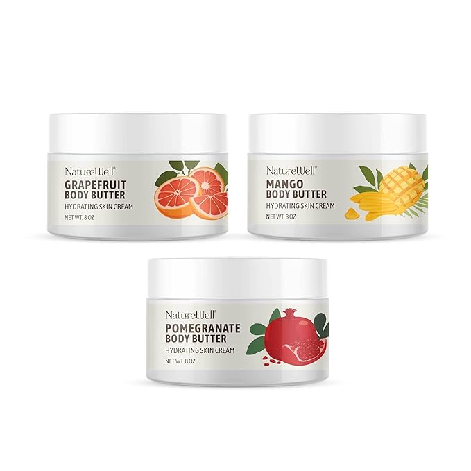 NATURE WELL Shea Body Butter Variety Pack, Includes Grapefruit, Mango, & Pomegranate, Provides Ultimate Nourishment & Hydration, 3 Pack (8 Ounces Each)