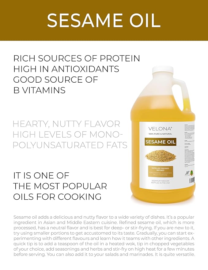 Sesame Seed Oil by Velona - 1 Gallon / 128 Fl Oz | 100% Pure and Natural Carrier Oil | Refined, Expeller Pressed | Cooking, Skin, Hair, Body & Face Moisturizing | Use Today - Enjoy Results