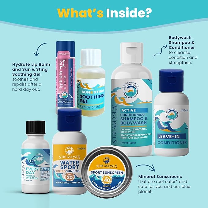 EcoConscious Travel Kit Body & Hair Care Gift Set | Shampoo & Body wash | Conditioner | SPF30, SPF20 and Mineral Sunscreen | SPF 30 Cucumber Mint and Hydrate Cherry Vanilla Lip Balm by Stream2Sea