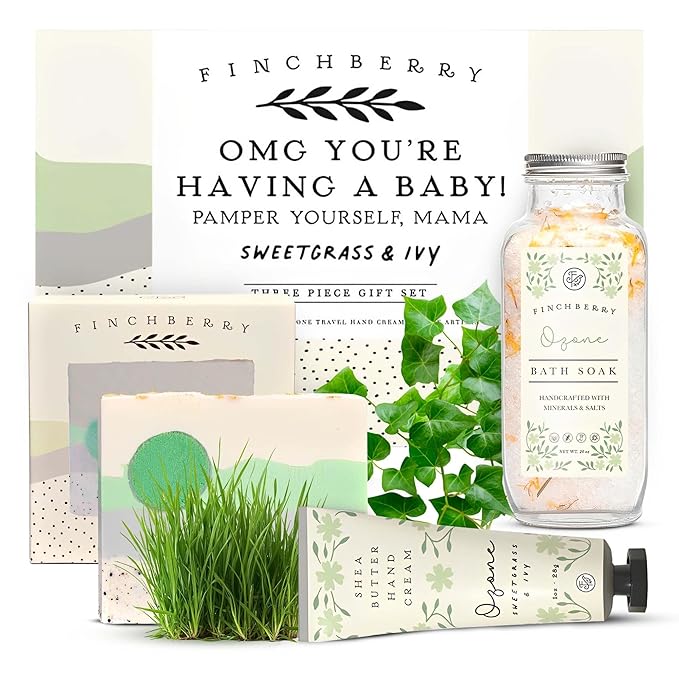 FinchBerry 3-Piece Gift Set - OMG You're Having a Baby! - Baby Shower Gift, New Mom Care Package for Sister, Wife, Friends & Family - With Handmade Soap (4.5 oz), Bath Soak (20 oz) & Hand Cream (1 oz)