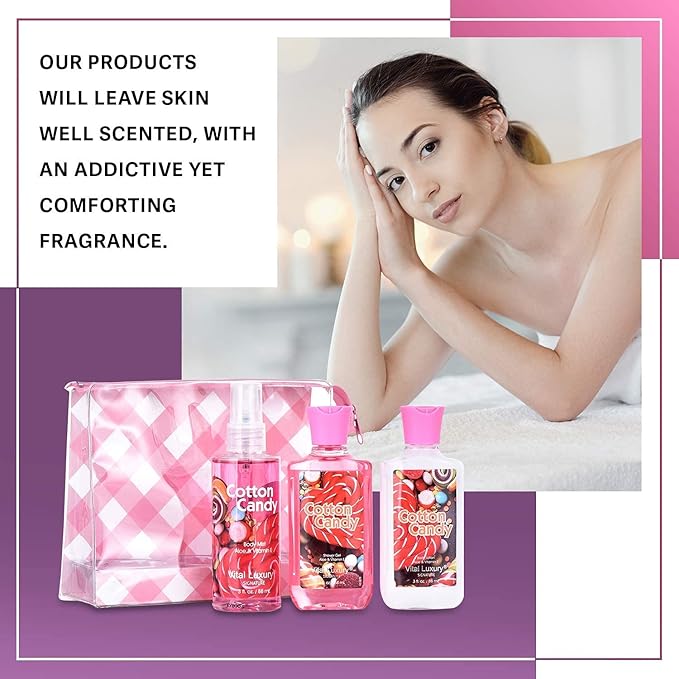 Cotton Candy Bath & Body Care Travel Set, Home Spa Gift Set Includes Body Lotion, Shower Gel, and Fragrance Mist, Personal Body Care Travel Set, Birthday Mother's Valentine's Day Gifts