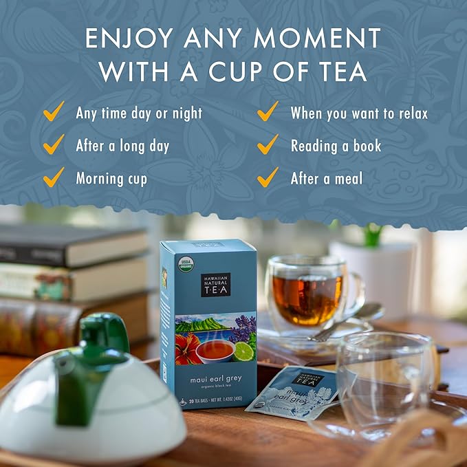 Hawaiian Natural Tea Organic Maui Lavender Earl Grey Bags - Premium Black Tea, Antioxidant Rich - 20 Bags