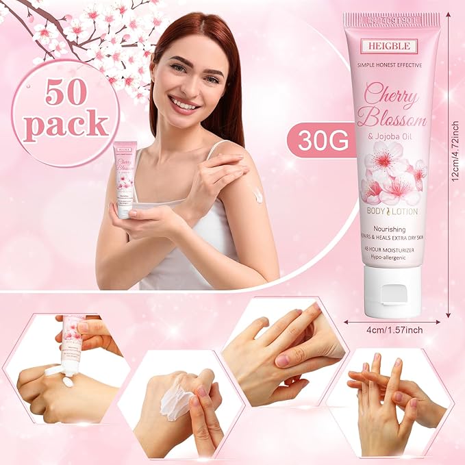 50 Pack Travel Size Body Lotion 1 oz Cherry Blossom and Jojoba Oil Body Lotion Dry Skin Moisturizer with Flip Cap for Extra Dry Skin, Inns, Hotels Resorts, Airlines, Offices, Gyms and More