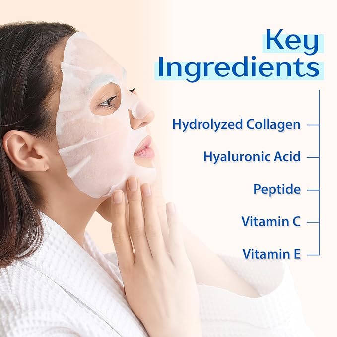 Ebanel 10 Pack Collagen Peptide Hydrating Face Masks, Instant Brightening Firming Anti Aging Face Sheet Masks, Moisturizing Spa Facial Mask Skincare with Hyaluronic Acid, Vitamin C, Chamomile, Aloe