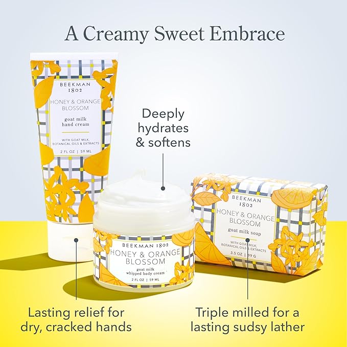 Beekman 1802 Honey & Orange Blossom Bodycare Minis Discovery Kit - Set of 3 - Scented - Cleanses, Moisturizes & Hydrates - With Lactic Acid & Shea Butter - Good for Sensitive Skin - Cruelty Free