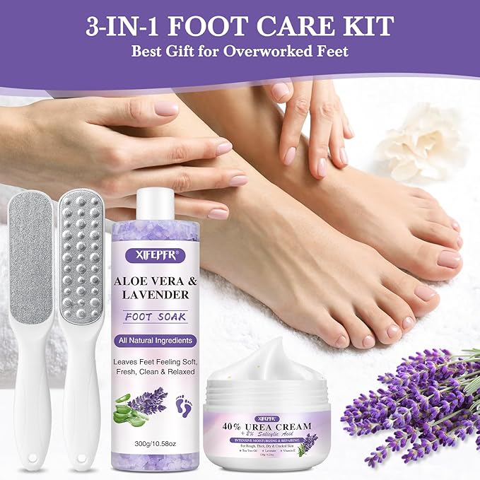 Foot Soak Set Callus Remover Pedicure Kit - Urea Cream 40%, Lavender Soak Salt with Epsom Salt & Foot File for Dead Skin, Foot Care Kit for Dry Cracked Heels at Home