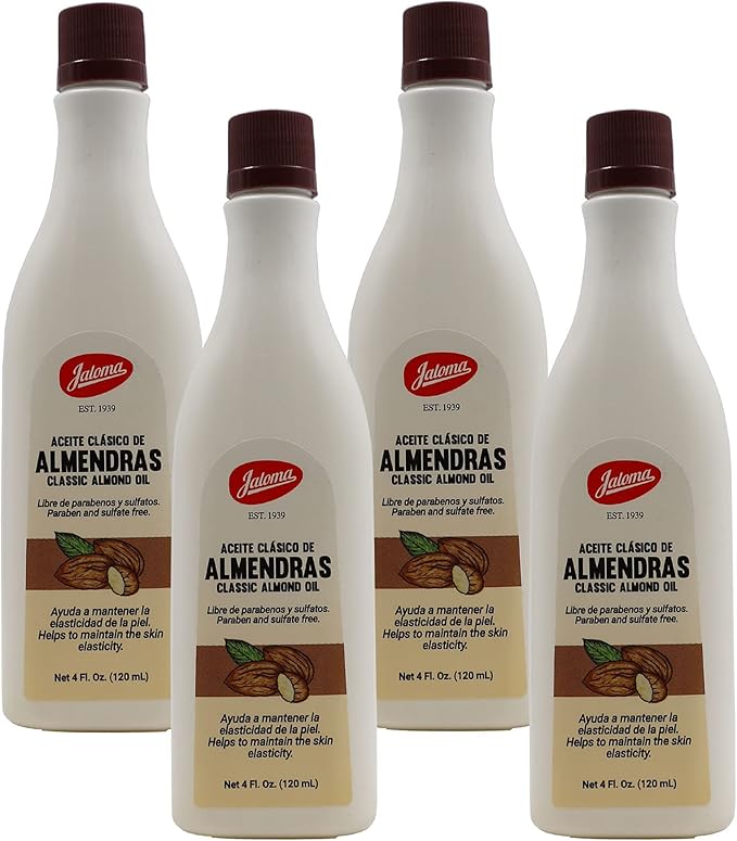 Jaloma Sweet Oil Almond, Emollient to Help you Soften your Skin, Makeup Remover, Delicate and Sweet Fragrance, Hair Moisturizer, Prevents Stretch Mark, All skin type, 4-Pack of 4 FL Oz, 4 Bottles.
