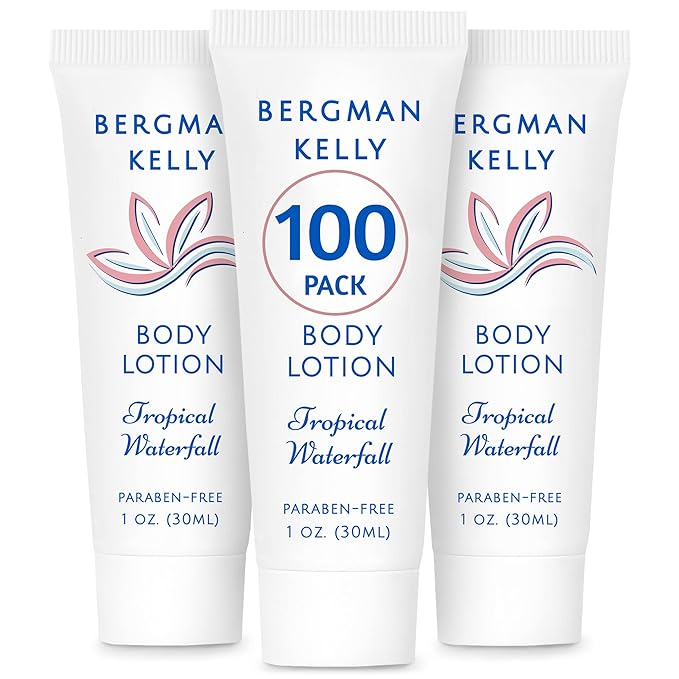 BERGMAN KELLY - Travel Size Lotion - 1 fl oz, 100 PK, Tropical Waterfall - Delight Your Guests w/Invigorating & Refreshing Body Lotion - Quality Mini & Small Size Guest Hotel Toiletries in Bulk