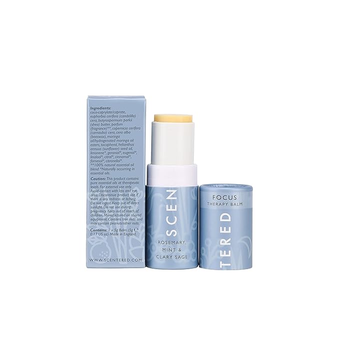 Scentered Aromatherapy Balm Stick for Focus & Concentration - Roll On Essential Oils Blend - 100% Natural: Rosemary, Mint, Clary Sage in Shea Butter - Aromatherapy Gifts for Women