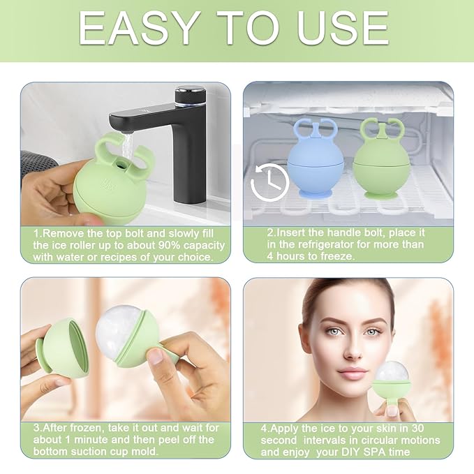 2 Pack Ice Roller for Face, Ice Face Roller for Eye Neck Body, Ice Cube Roller Massager Gua Sha Tool, Eliminates Puffiness, Reusable Facial Ice Mold, De-Puff Eye Bags, Women Skincare (Blue and Green)