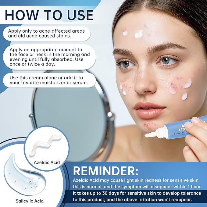14% Azelaic Acid Acne Cream, 2PCS Azelaic Acid Serum with Hyaluronic Acid, Niacinamide & Squalane, Reduce Acne, Pore Refining & Oil Control, Face Moisturizer for All Skin Types