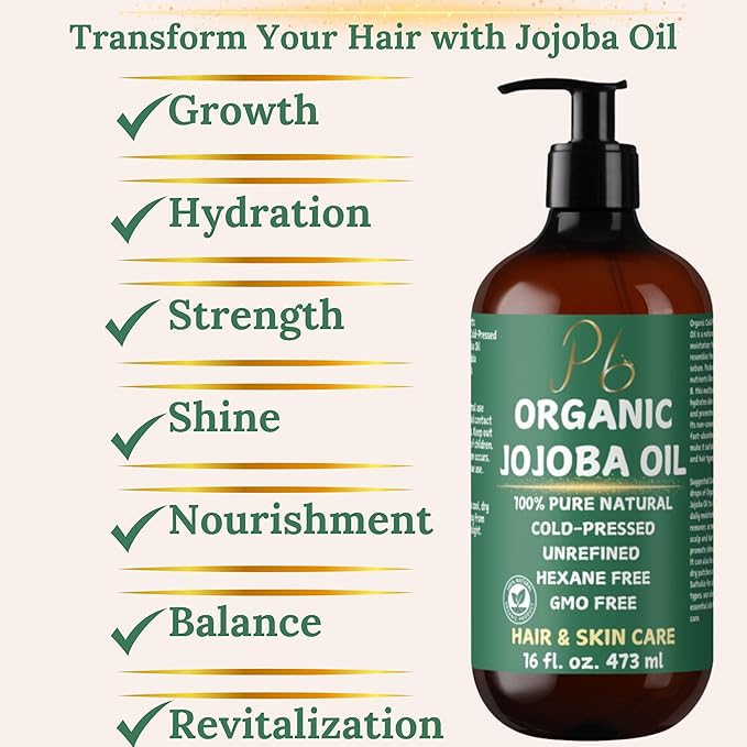 Organic Jojoba Oil– 100% Pure, Cold-Pressed, Unrefined & Hexane-Free – Golden Jojoba Oil for Face, Body, Hair & Nails – Supports Hair Growth, Anti-Aging & Wrinkle Reduction – 16 fl oz Glass Bottle