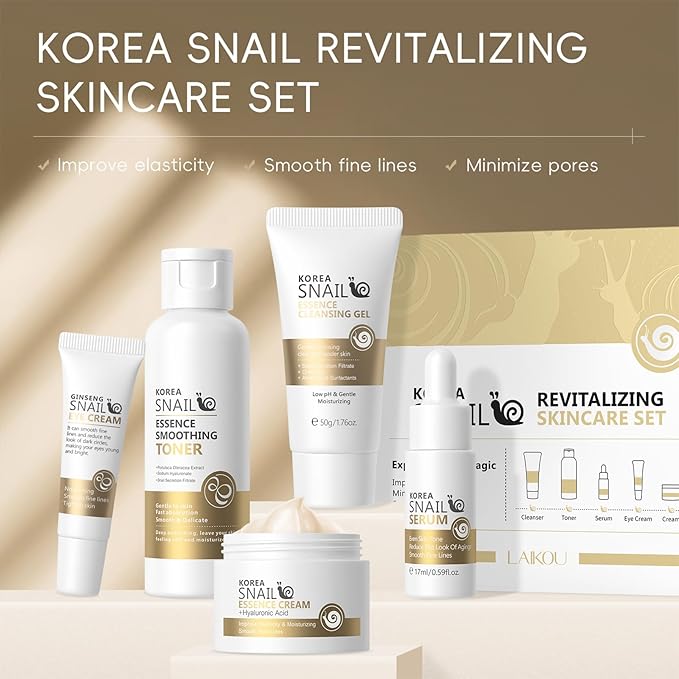 Snail Korean Skin Care Set - All About Snail Mucin Kit, Skin Care Kit with Cleanser, Toner, Serum, Eye Cream, Face Cream, Facial Kit for Women & Girls Hydrating Skin, TSA-Friendly Sizes 5Pcs