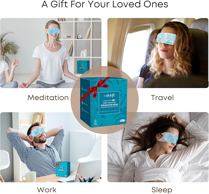 DiviniTi Self Warming Heated Eye Mask - 16 Pack, Up to 110F Degrees, Fast Soothing Relief for Puffy Eyes, Insomnia, Migraine & Stye Treatment