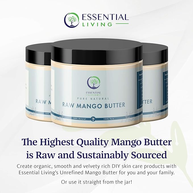 Essential Living: Unrefined Mango Butter - For Raw and Organic Lip Balms, Body Lotion, Body Butter, Body Scrub and Organic Soap Making - 16-oz. Jar - 100% Natural