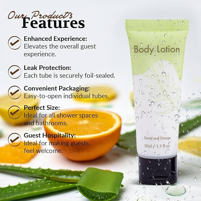 Leak-Proof Travel Size Body Lotion 1.1 Fl.oz/ 30 ml Each 100PCS Bulk Pack Hotel Body Lotion Santal and Orange Scent Amenities and Toiletries for Hospitality