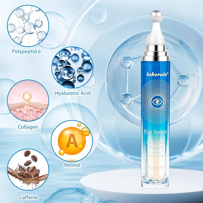 5% Caffeine Eye Serum with 360ยฐ Massage Rollerball Topper,Caffeine Cream for Dark Circles,Wrinkles,Puffiness and Fine Lines,Under Eye Roller Cream Treatment for Women and Men