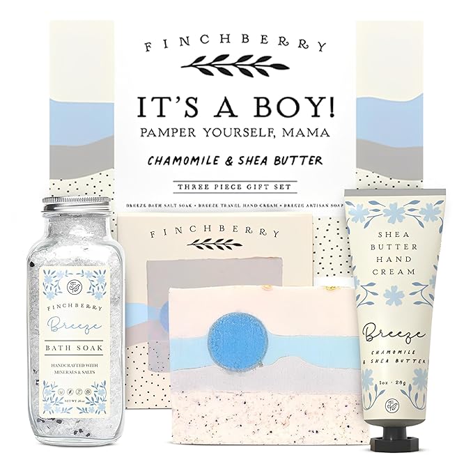 FinchBerry 3-Piece Gift Set โ Itโs A Boy! Baby Boy Shower Gift, New Mom Care Package & First-Time Mom Gifts! Includes Handmade Shea Butter Soap (4.5oz), Bath Soak (20oz) & Nourishing Hand Cream (1oz)