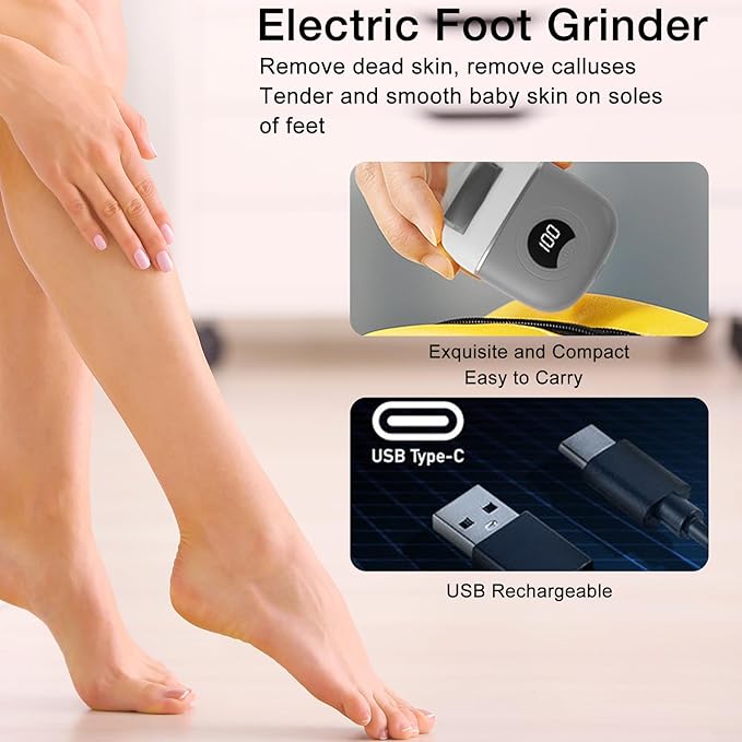 Electric Foot Callus Remover, 2024 New USB Rechargeable Foot Repair and Grinding Device, Heel Polisher Digital Display, Electric Foot Exfoliating Scrubber with 3 Grinding Heads 2 Speeds (Grey)