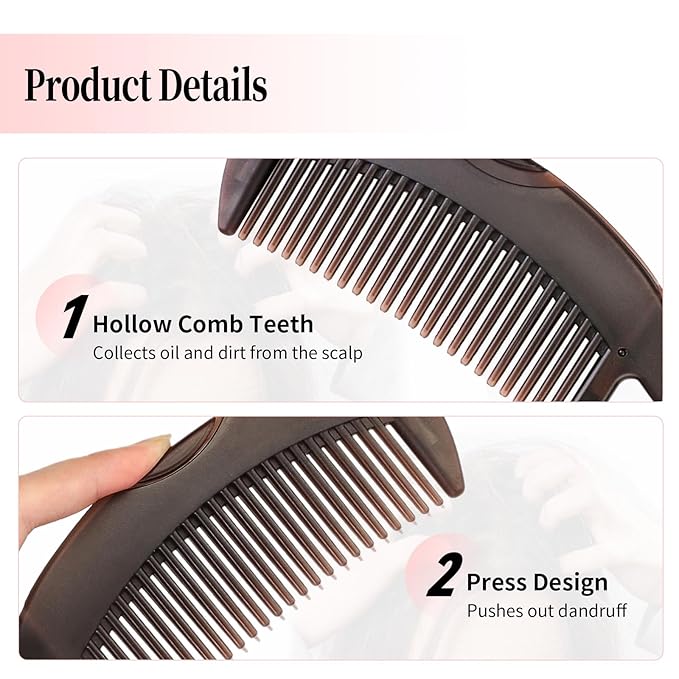 Dandruff Comb, Stainless Steel Fine Tooth Lice/Flea/Psoriasis Comb, Scalp Oil Buildup Removal Wide Hollow Tooth Button Hairbrush for Scalp Massage Care for Man Women and Kids, Set of 2 (Pink)
