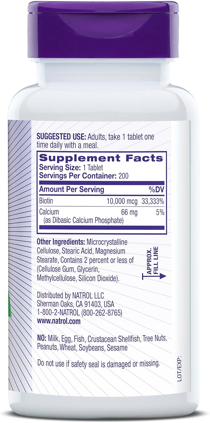 Natrol Biotin 10000mcg, Supplement for Healthy Hair, Skin and Nails for Those Low in Biotin, Plus Energy Metabolism Support, 200 Tablets, Up to a 200 Day Supply