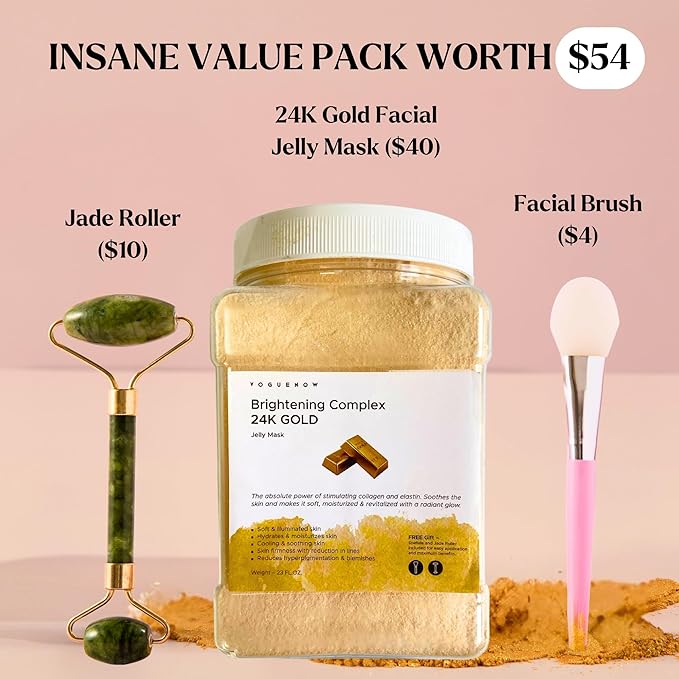 VogueNow Jelly Face Mask for Facials - 24K Gold Hydrating, Brightening & Nourishing Jelly Mask with Free Jade Roller & Spatula | Professional Hydrojelly Masks | Vajacial Jelly Mask Powder | 23 Oz Jar
