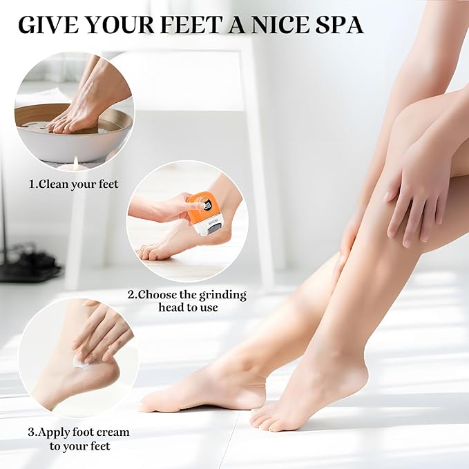 Electric Callus Remover Foot File - Rechargeable Callus Remover Pedicure Tools for Feet Foot Scrubber File Foot Care Grinder with 3 Grinding Heads 2 Speeds for Men Women Dry Callus Dead Skin (Orange)