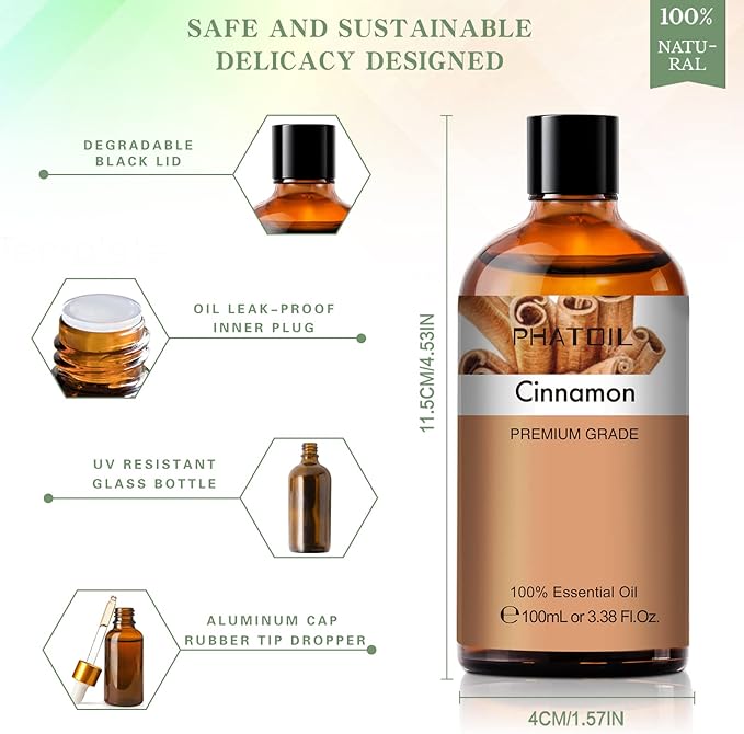 100ML Cinnamon Essential Oil, Huge 3.38fl.oz Bottle Cinnamon Oil, Aromatherapy Oils for Diffuser, Humidifier, DIY, Essential Oil Singles
