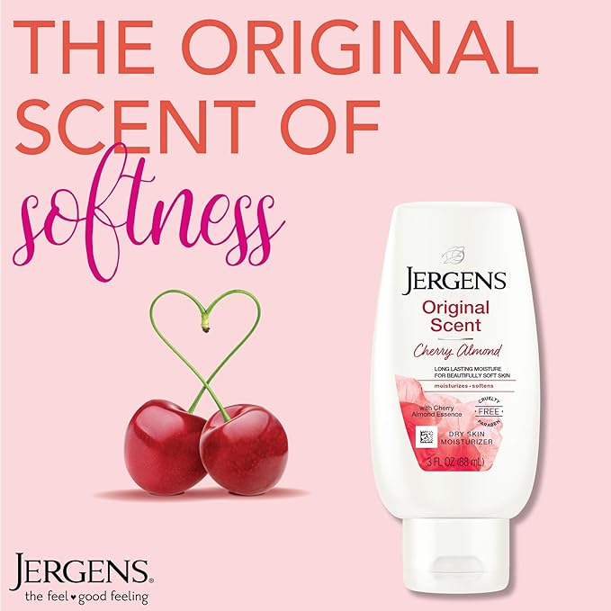 Jergens Original Scent Dry Skin Body Lotion, Hand and Body Moisturizer, Cherry Almond Essence, Dermatologist Tested, 3 Oz, Pack of 8