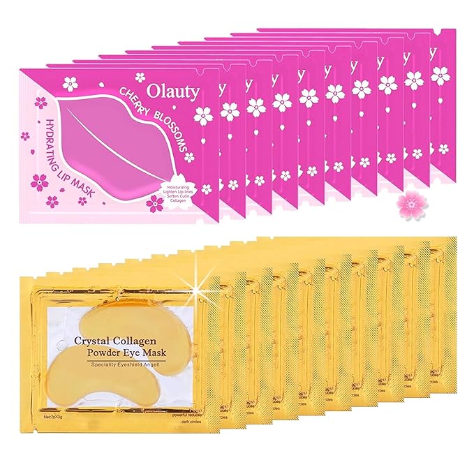 20 Pairs Lip Masks & Eye Masks, 24K Gold Gel Crystal Collagen Eye Pads, Moisturizing Lip Mask Crystal Pads, Under Eye Patches for Puffy Eyes, Dark Circles, Eye Bags, Wrinkles and Fine Lines