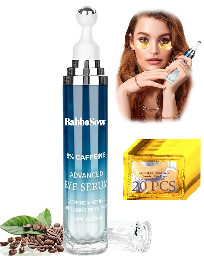 Caffeine Eye Cream and 24K Gold Eye Mask (20 pcs): Under Eye Serum for Dark Circles and Puffiness Eye Care Eye Serum Anti Aging with 360° Massage Ball Reduce Eye Bags, Wrinkles and Fine Lines